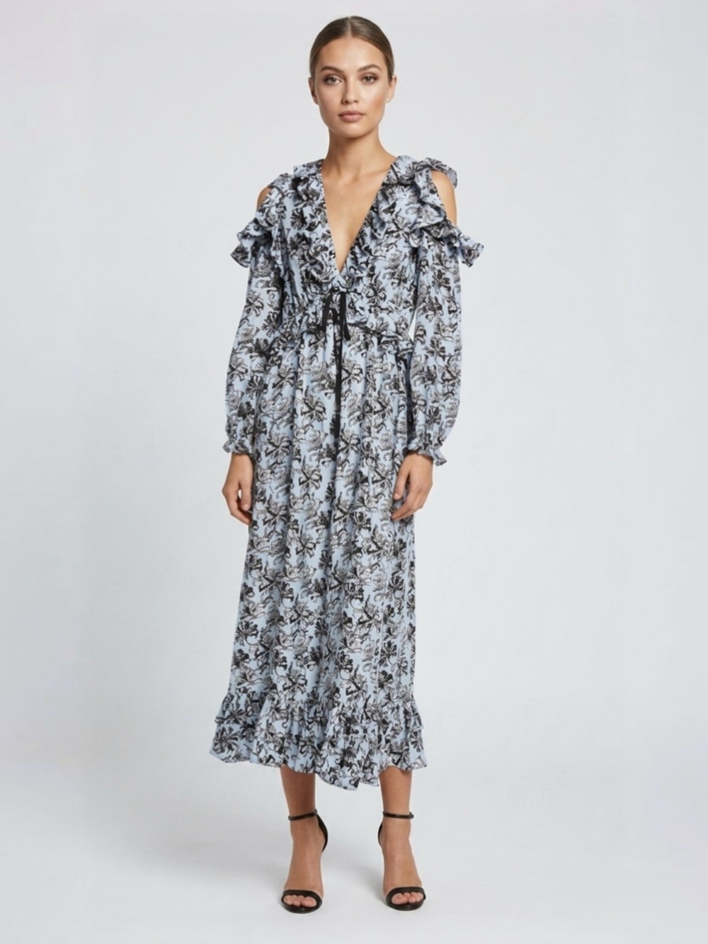 Robert Rodriguez 100% Silk Printed Floral Ruffle Midi Dress Blue Black M 6